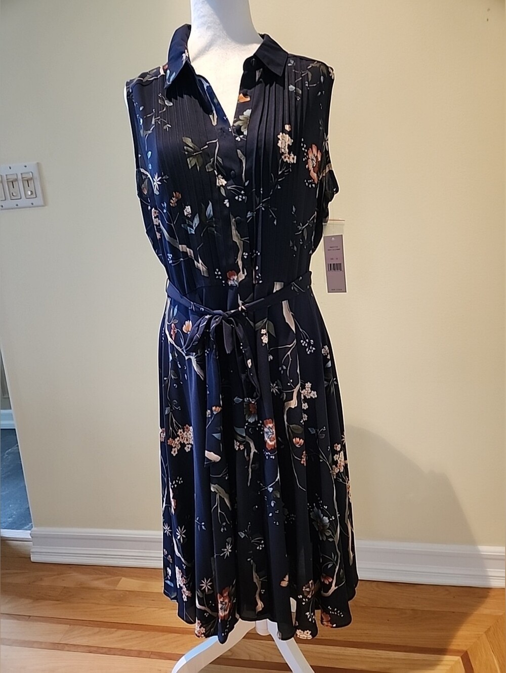 Nanette Lepore Navy Floral Midi Shirt Dress with Tie Waist